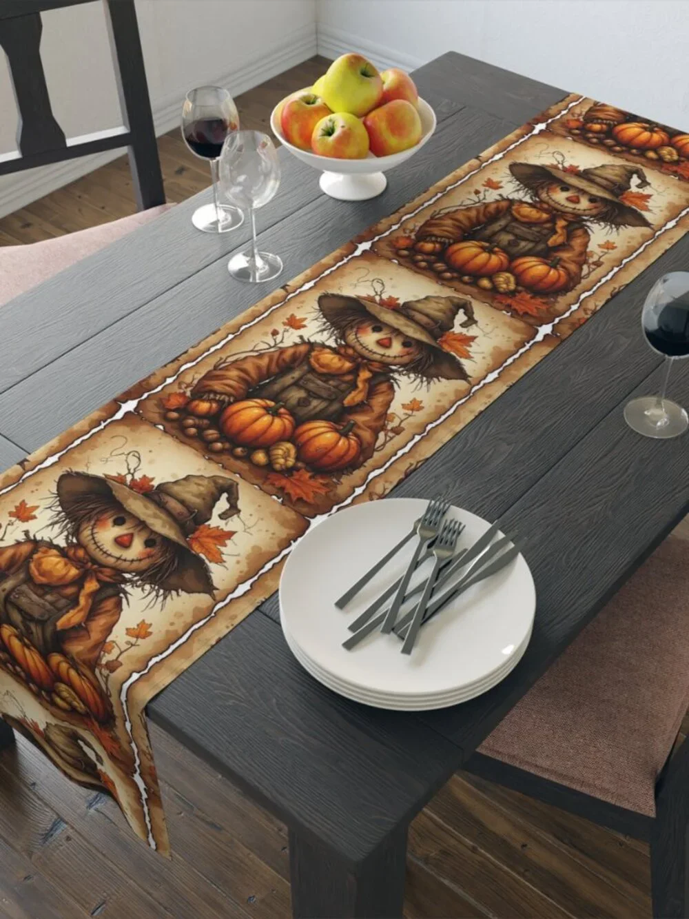 Autumn Harvest Scarecrow Pumpkin Fabric Table Runner